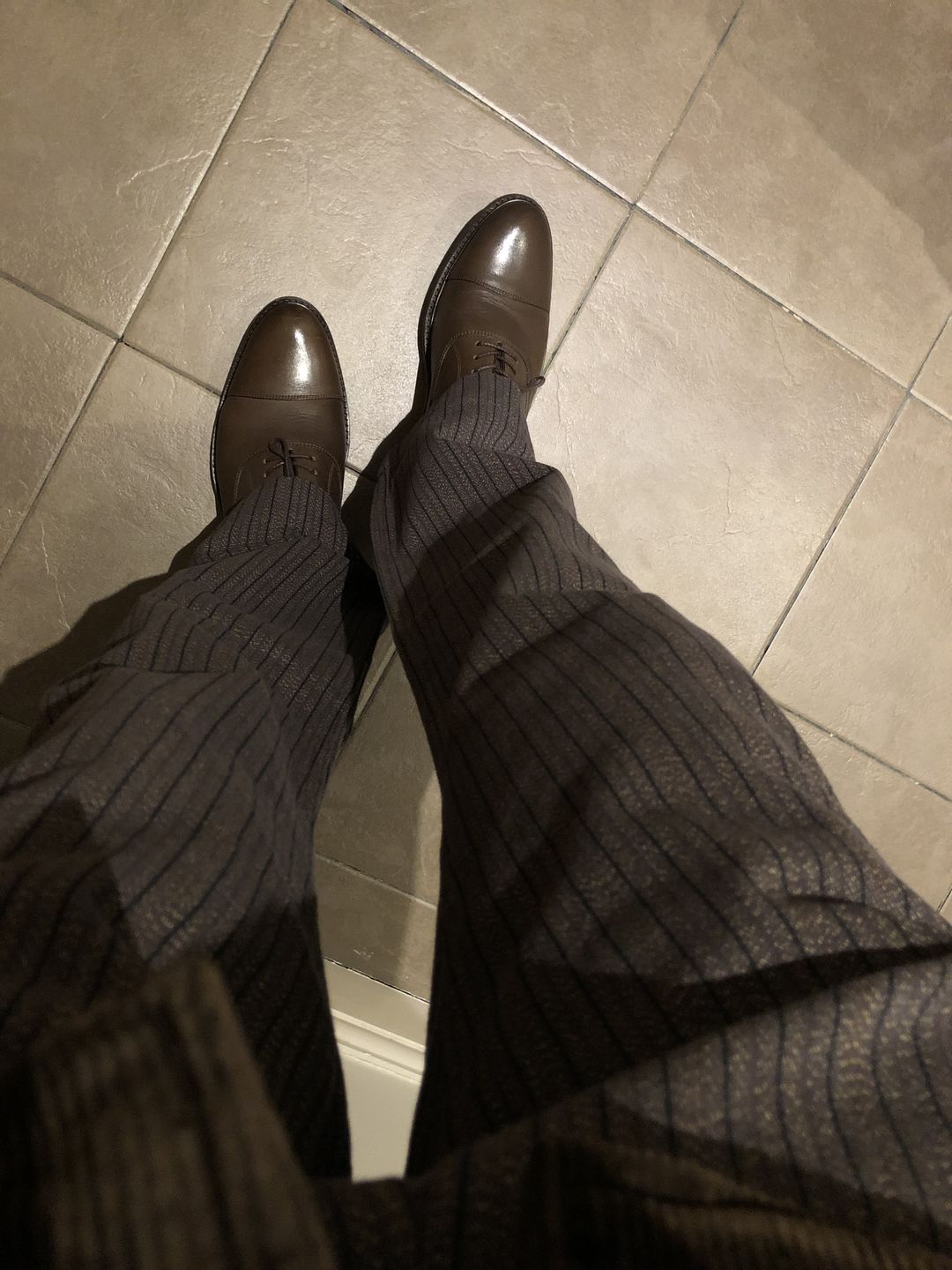 Customer photo review of French Salt & Pepper Striped Chambray Work Trousers
