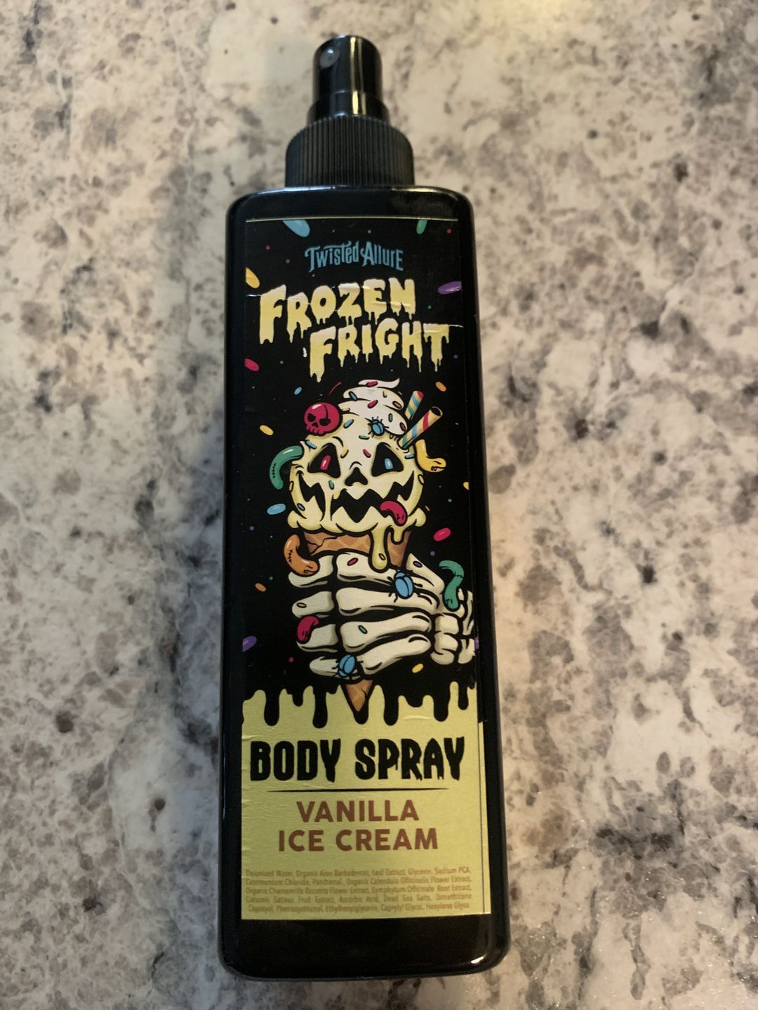 Customer photo review of Frozen Fright Body Spray (vanilla ice cream)