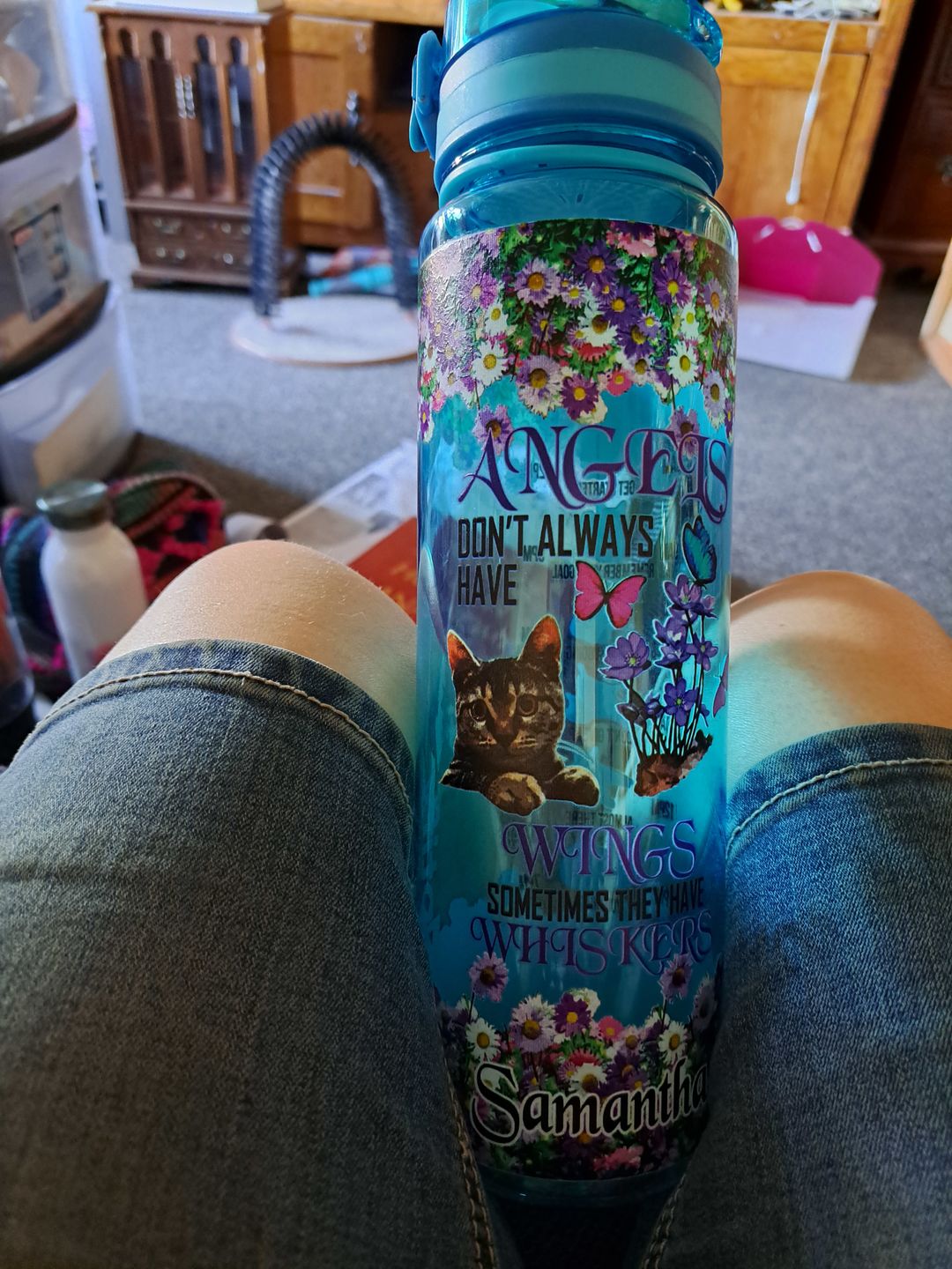 Customer photo review of Personalized Sometimes They Have Whiskers on 32 oz Motivational Tracking Water Bottle