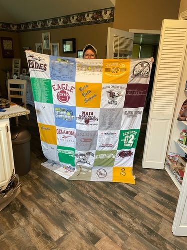 T-shirt quilt with sports, tournament participation themes by Lisa from OK