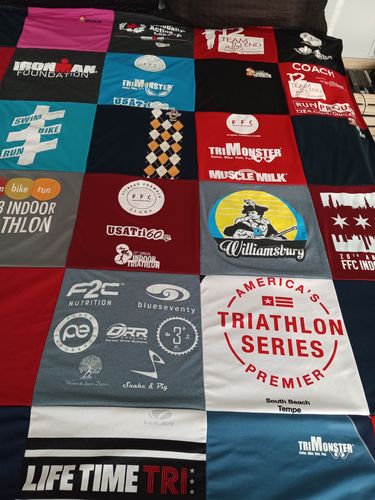 T-shirt quilt with triathlon, fitness themes by JOy from IL