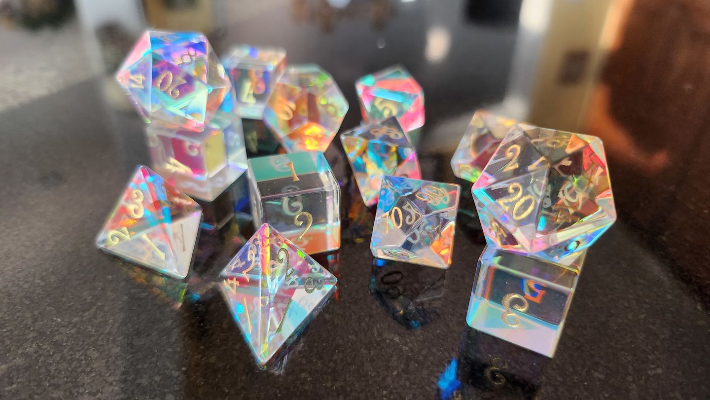 Customer photo review of URWizards D&D Dichroic Prism Glass Gemstone Engraved Dice Set