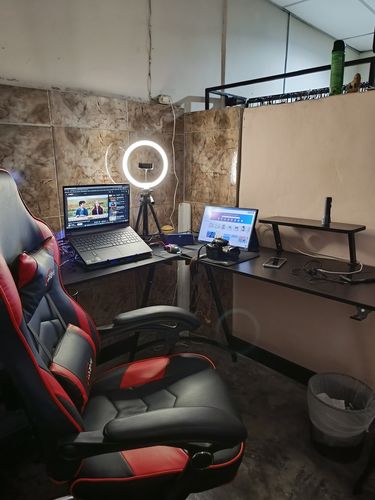 Customer photo review of Mesa MOTPK L Shaped Gaming Desk 58" L Shape Carbon Fiber Surface Table Monitor Shelf Cup Holder & Headphone Hook, Black