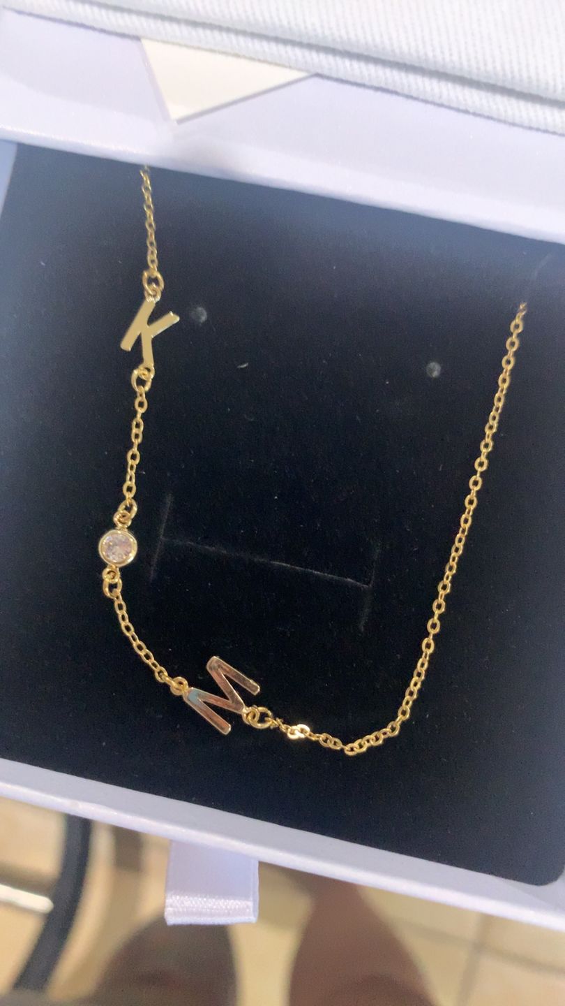 Customer photo review of Sideways Pave Letter Necklace