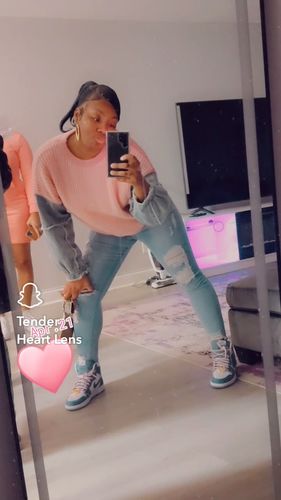 Customer photo review of Demi Denim Sleeve Sweater (Pink/Light Denim) PRE-ORDER SHIPS 04/05/23