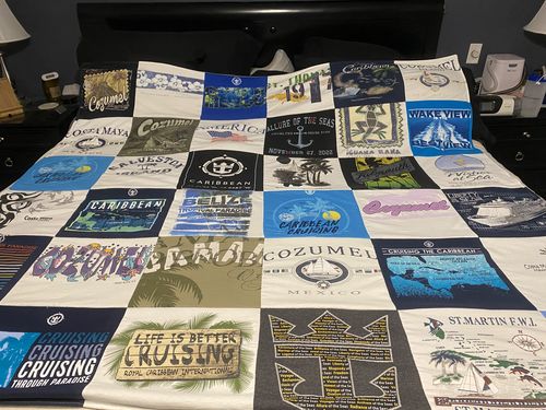 T-shirt quilt with cruising, travel themes by Pat from TX