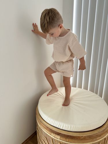 Customer photo review of Linen Oversized Tee - Beige Gingham