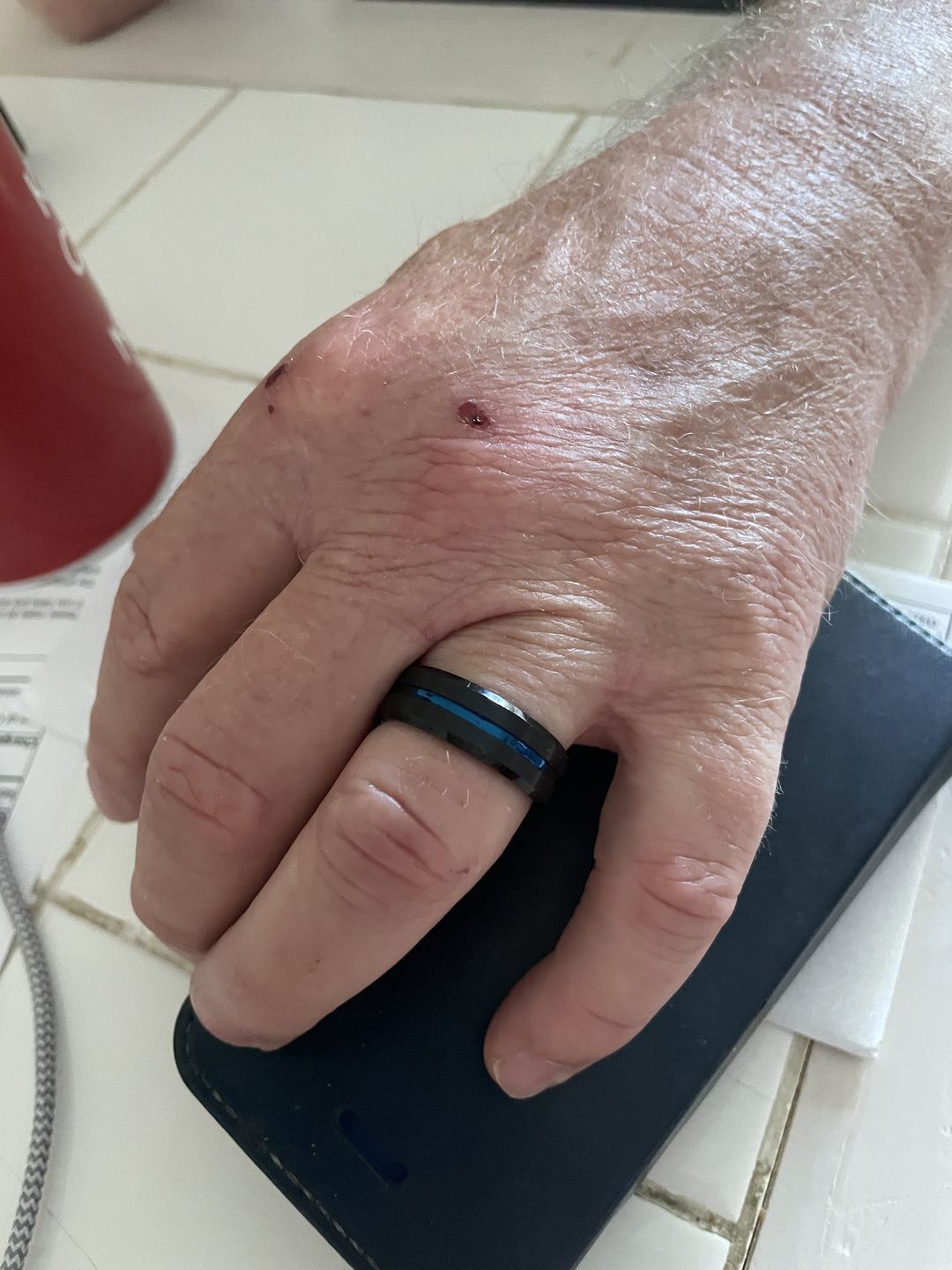 Customer photo review of 8mm - Black & Blue Tungsten Carbide Ring  Grooved Beveled Edges Wedding Band