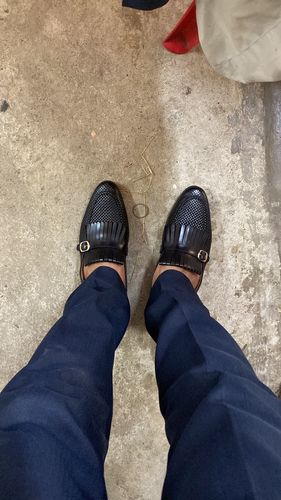 Customer photo review of Fringe Kiltie Loafer - Black Woven Leather with Side Buckle (Hand Painted Patina)