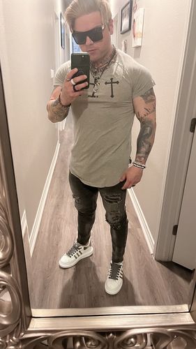 Customer photo review of Grey Slim Tapered Distressed Jeans