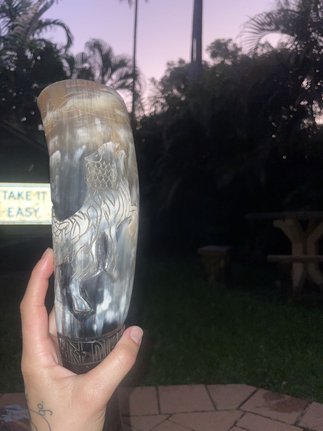 Customer photo review of Howling Fenrir Wolf Drinking Horn.