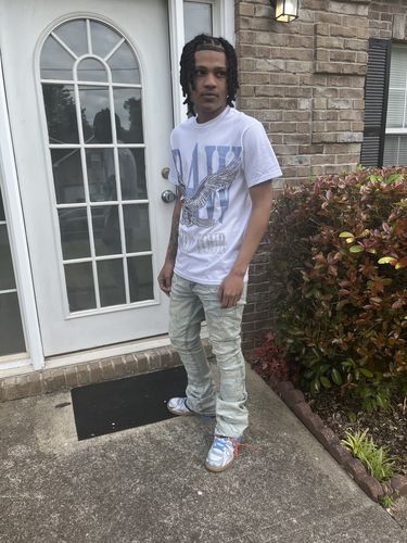 Customer photo review of Men RAW World Tour Light Blue Bling Crew Neck T-Shirt