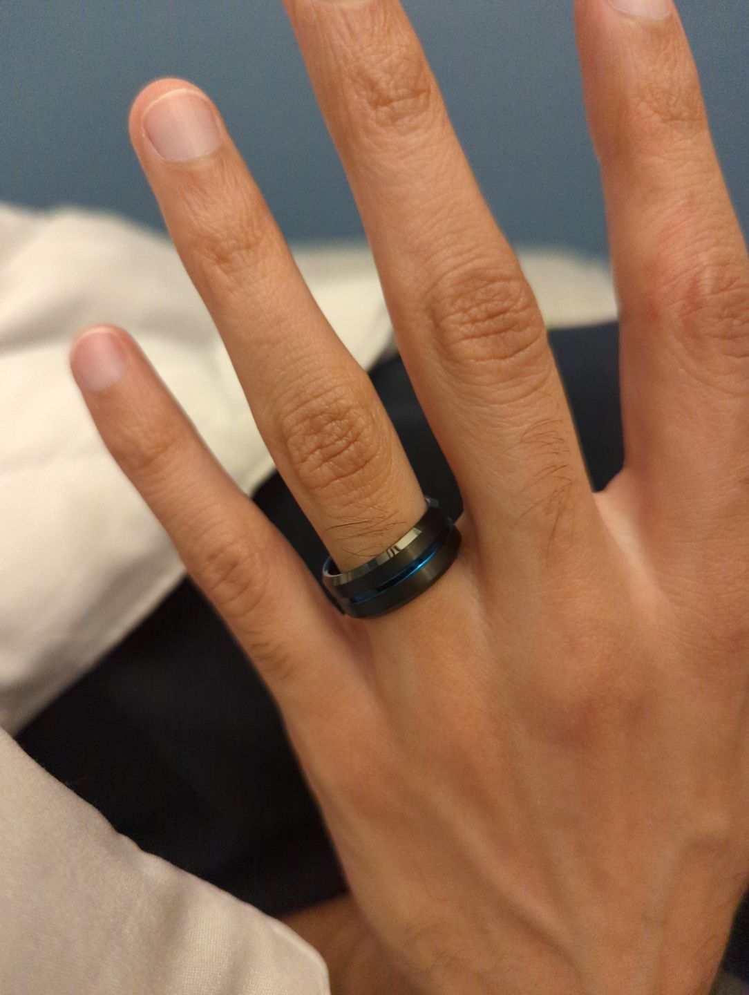 Customer photo review of 8mm - Black Blue Tungsten Carbide Ring - Grooved Beveled Edges - Wedding Band
