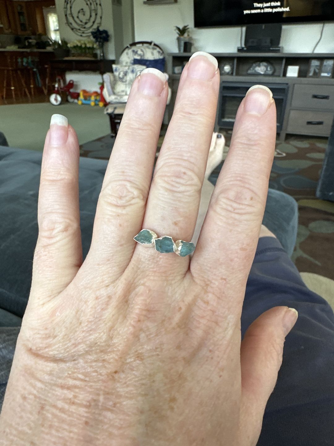 Customer photo review of Three Stone Raw Aquamarine Ring Sterling Silver
