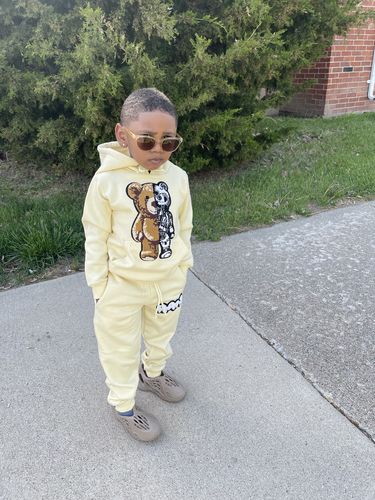 Customer photo review of Kids Teddy Robot Raw Drip White Chenille Hoodie and Jogger Set