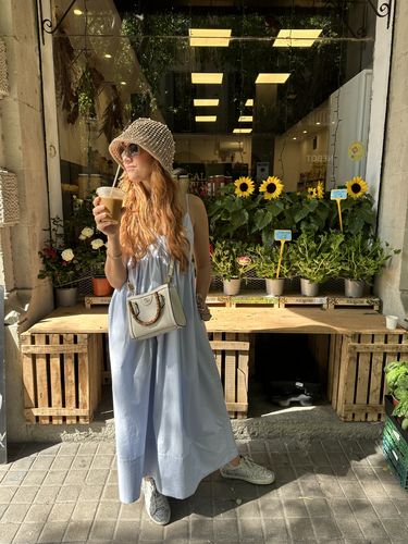 Customer photo review of NATURAL OPEN WEAVE PEARL BUCKET HAT