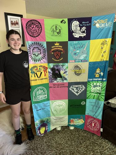 T-shirt quilt with camping, girl scouting themes by Kelly from NC