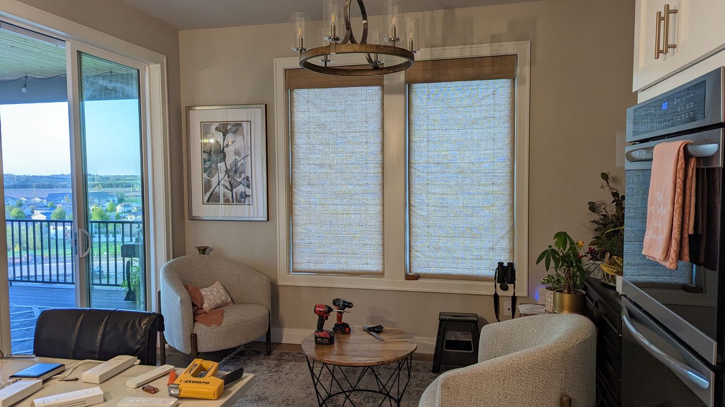 Customer photo review of SmartWings Motorized Woven Wood Shades 70% Blackout Privacy Orithyia