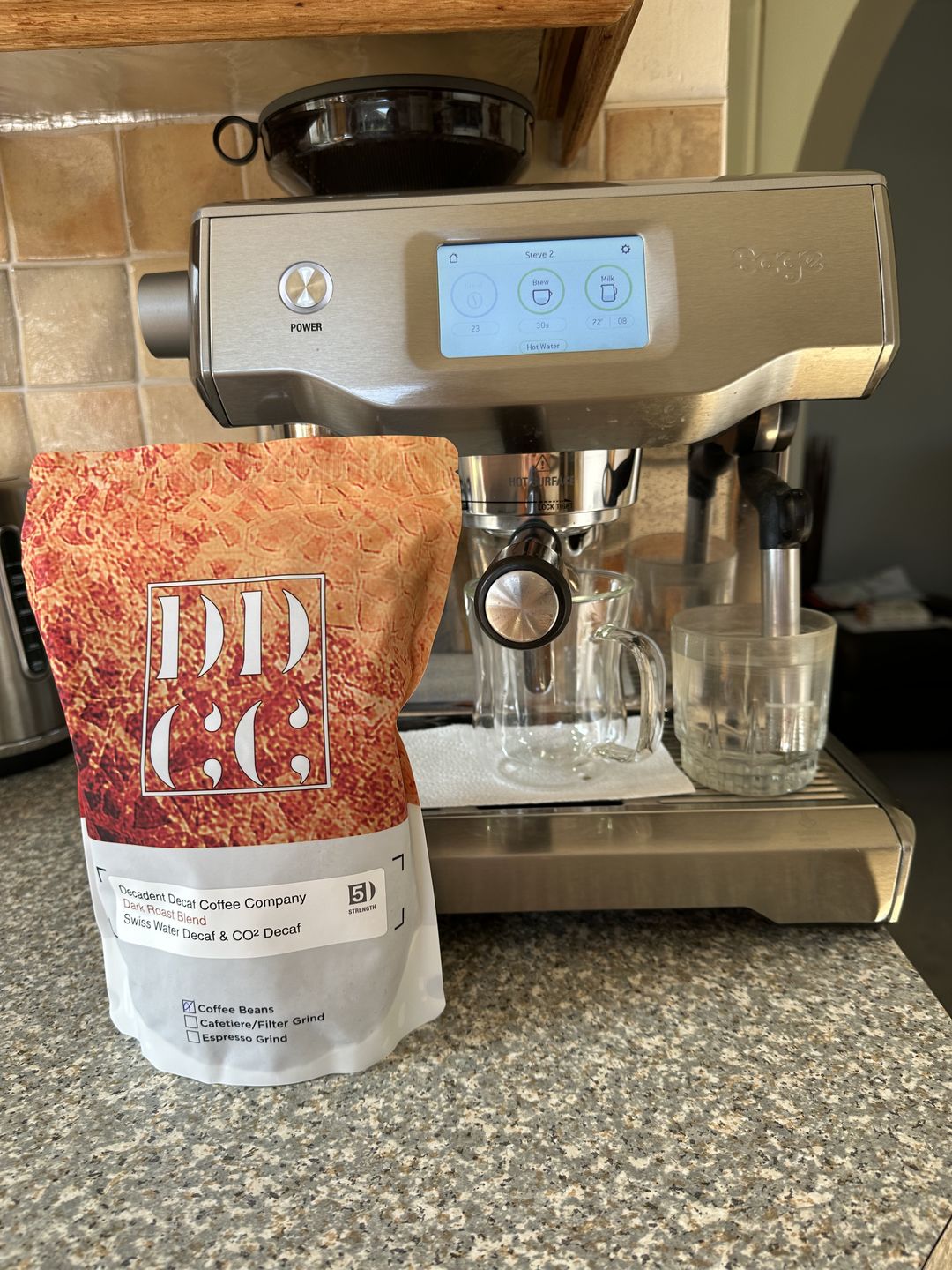 Customer photo review of Decadent Decaf Dark Roast Decaffeinated Coffee Blend - Swiss Water Decaf/CO2 Process - Strength 5
