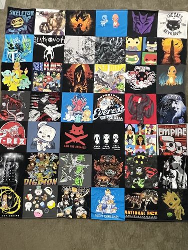 T-shirt quilt with anime, gaming themes by Katie from WI
