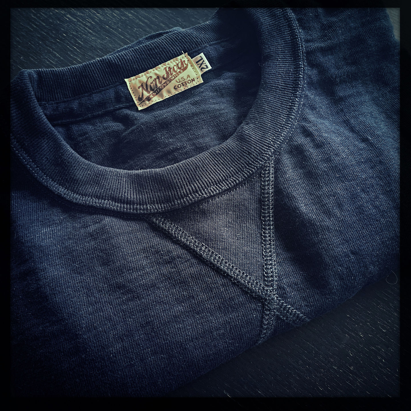 Customer photo review of 10.5 oz Cotton Tubular Gusset T-Shirt - Indigo