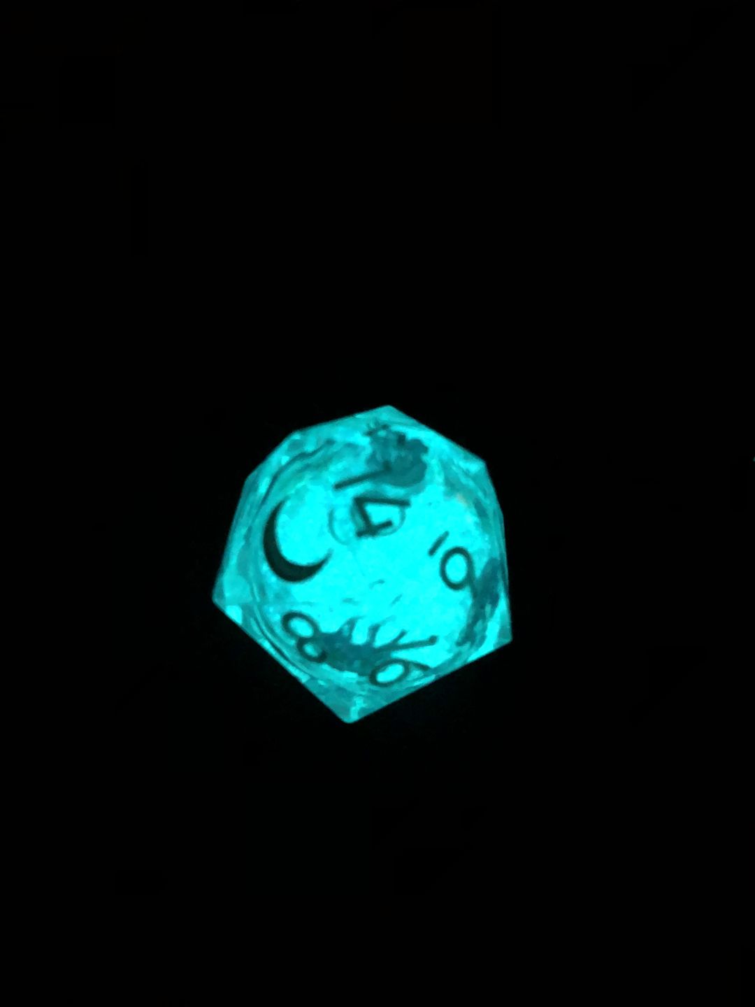 Customer photo review of URWizards D&D Glow in the Dark Liquid Core Resin Engraved Dice Set Jellyfish