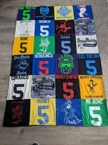 T-shirt quilt with t-shirt quilt making, humor themes by Bernie from IL