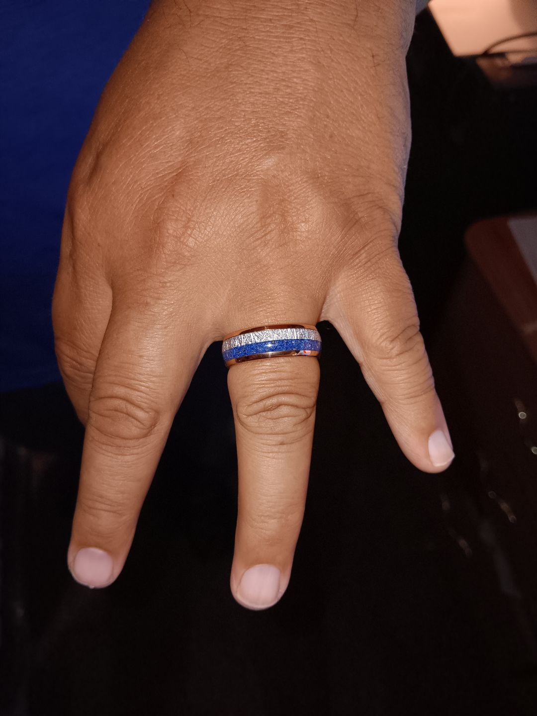 Customer photo review of 8mm- ROSE GOLD TUNGSTEN ARROW RING W/ BLUE LAPIS LAZULI, FAUX METEORITE,