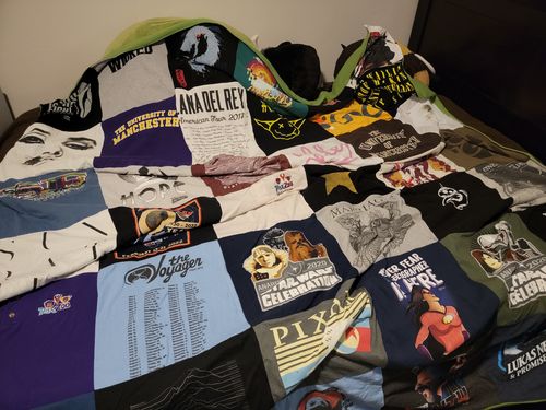 T-shirt quilt with music, entertainment themes by Natalie from AZ