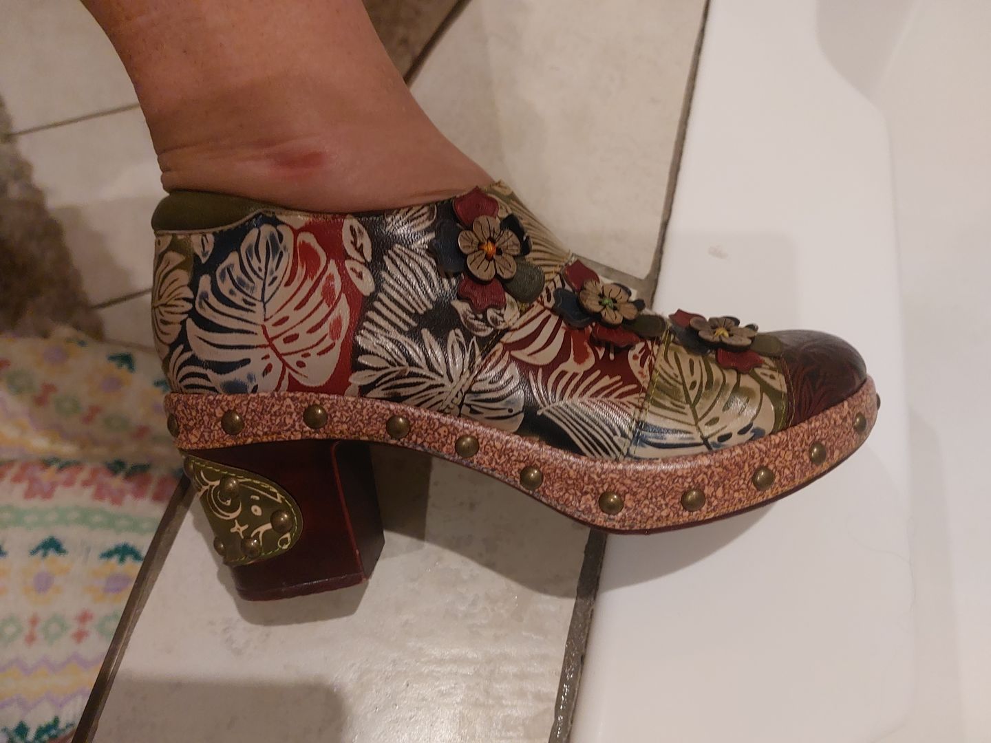 Customer photo review of Retro Floral Handmade Rivet Comfort Block Heel Pumps
