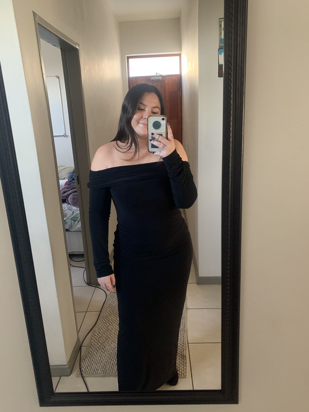 Customer photo review of Black  Bardot Sculpted Dress with Long Sleeves