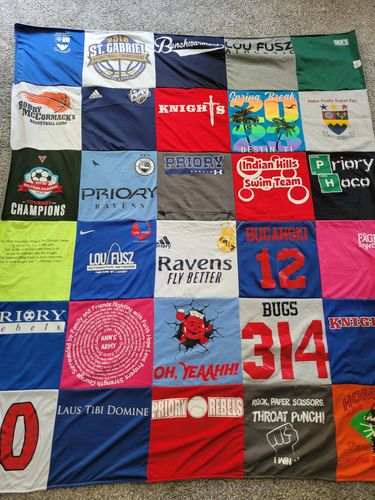 T-shirt quilt featuring priory knights, indian hills swim team by Patricia  from MO