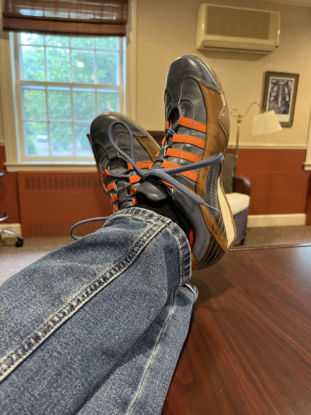 Customer photo review of Men's GrandPrix Sneaker in Monza Indigo (Navy and Orange)