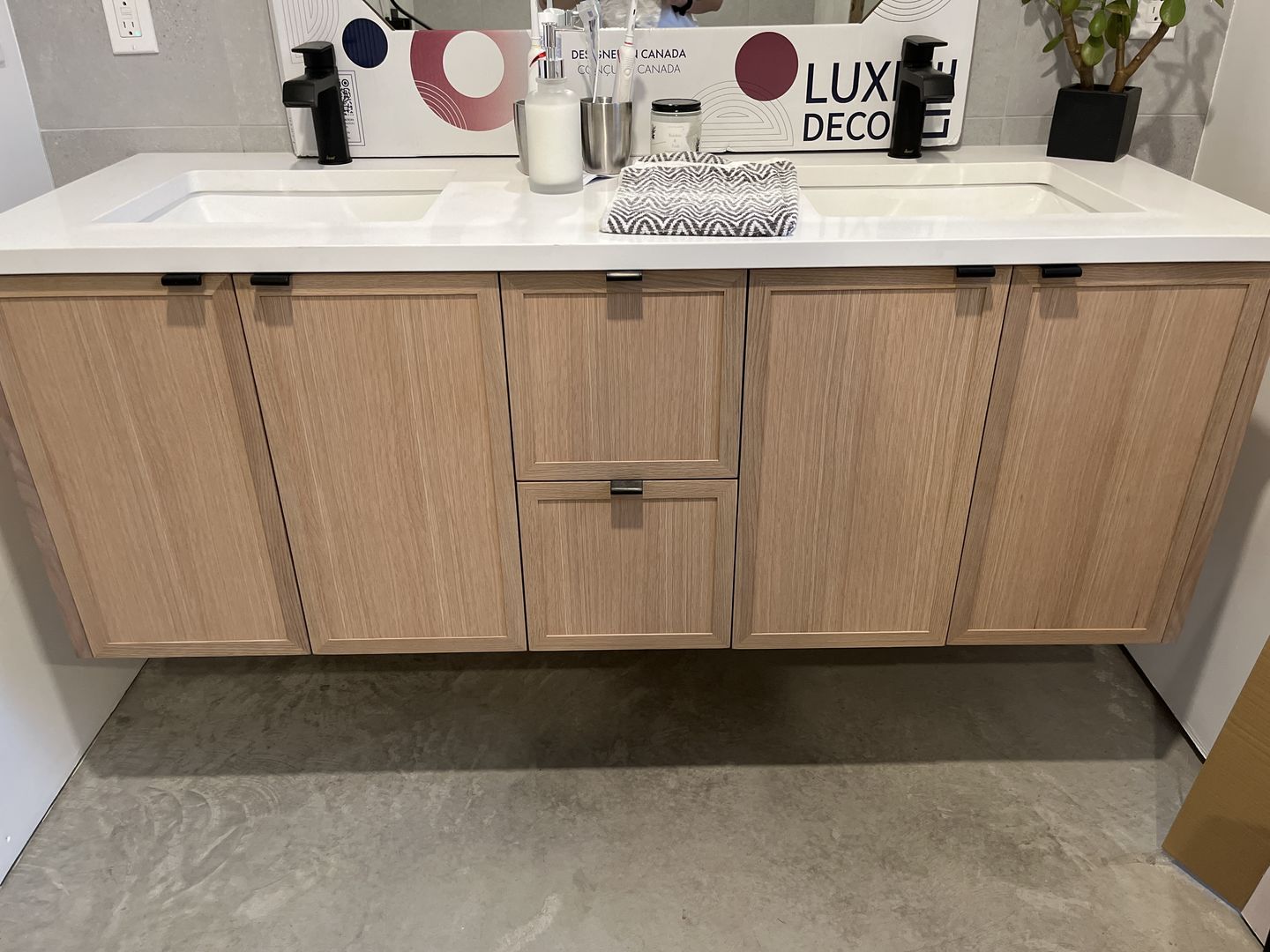 Customer photo review of Cape Breton 60" Wall Mount White Oak Bathroom Vanity, Double Sink
