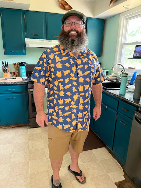 Customer photo review of Dinosaur Chicken Nuggets Blue Button Up Shirt
