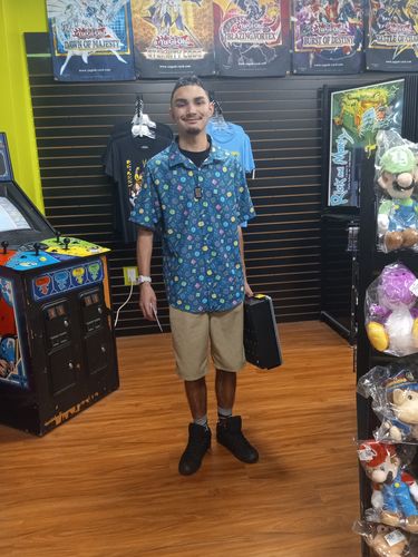 Customer photo review of Dnd RPG Dice Blue Button Up Shirt
