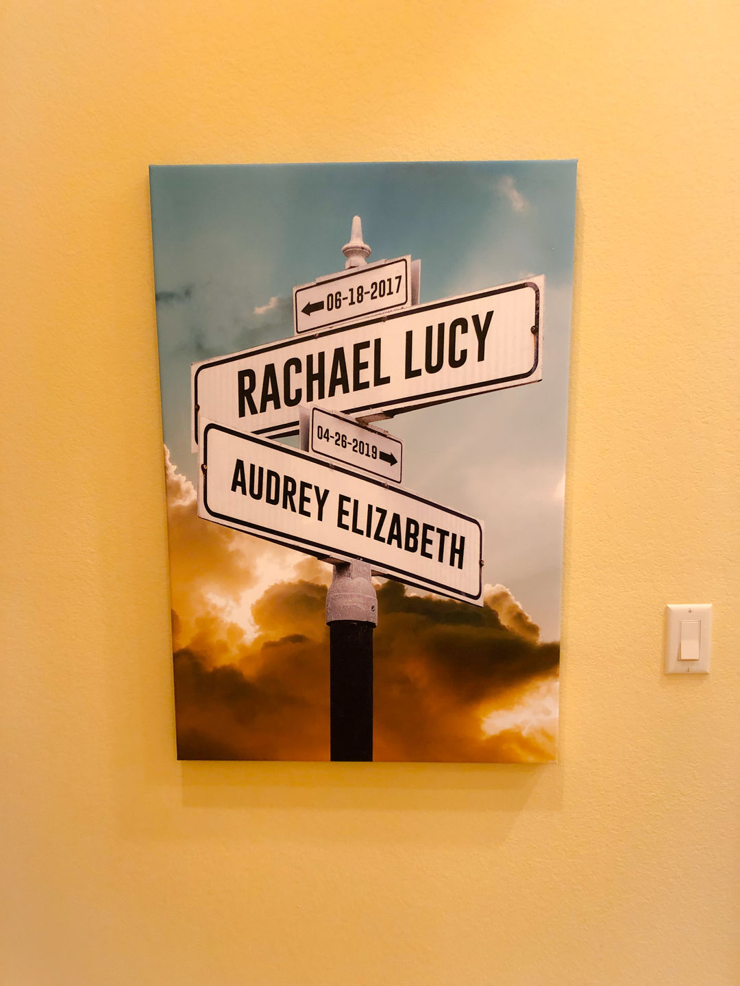 Customer photo review of Custom Kid Birth Date + Name Personalized Street Sign Canvas Wall Art