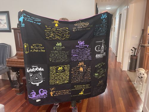 T-shirt quilt with theater, music themes by Renee from CA