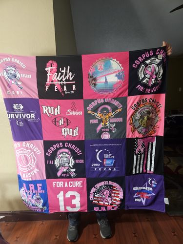 T-shirt quilt with breast cancer awareness, fire rescue themes by Ellis from TX