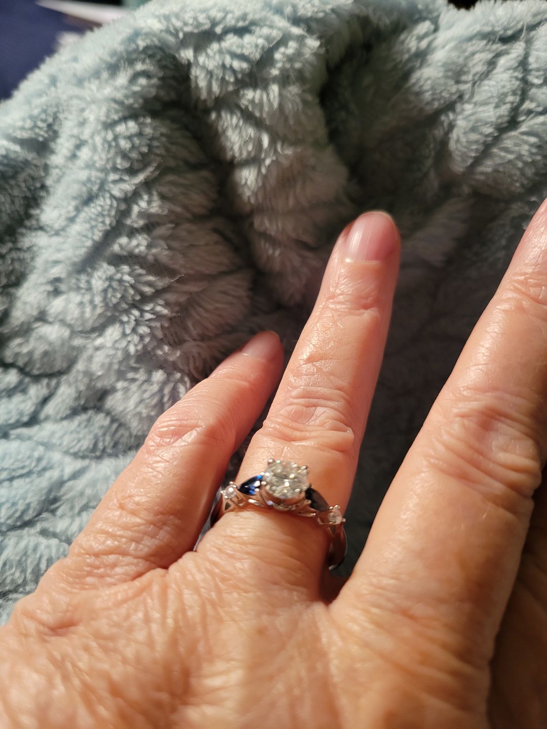 Customer photo review of Five Stone Moissanite And Sapphire Engagement Ring