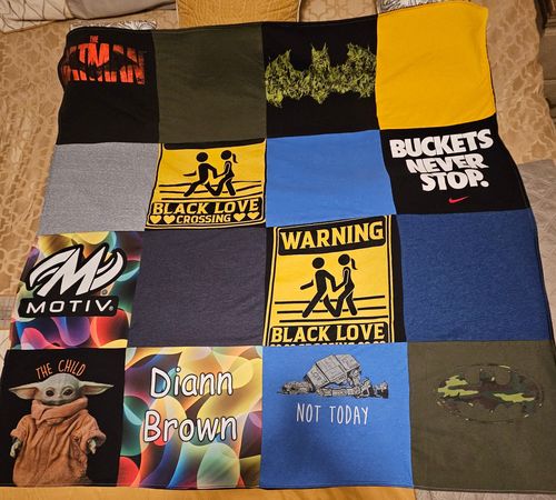 T-shirt quilt with sports, love and relationships themes by Diann from AZ