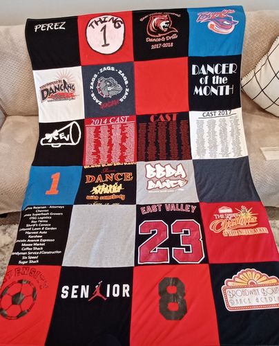 T-shirt quilt with dancing, theater themes by Tara from WA