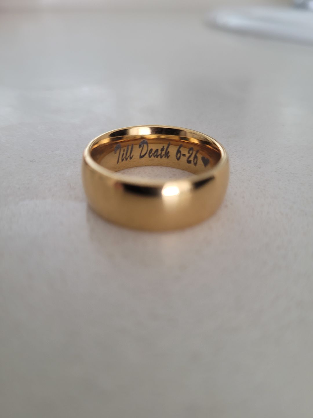 Customer photo review of 8mm - 14k Yellow Gold Tungsten Wedding Band, High Polish Dome Shape, Anniversary Ring