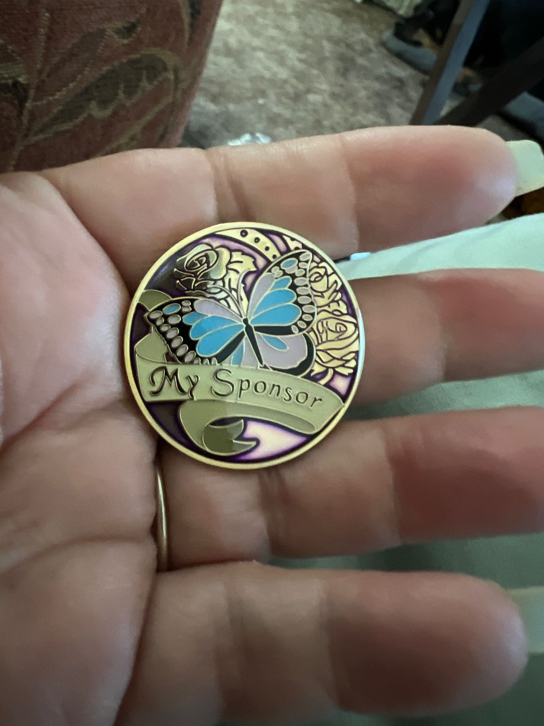 Customer photo review of My Sponsor Specialty Women's AA/NA Butterfly Medallion - Purple/Gold
