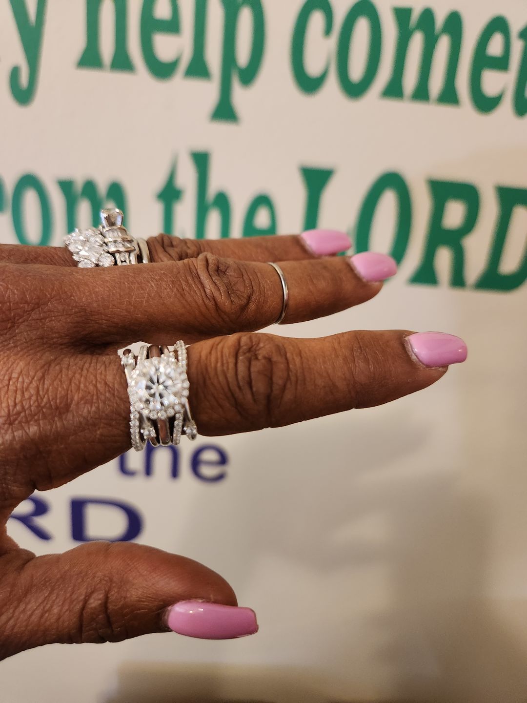 Customer photo review of Halo Moissanite With Enhancer Cross Shank Bridal Engagement Ring Set