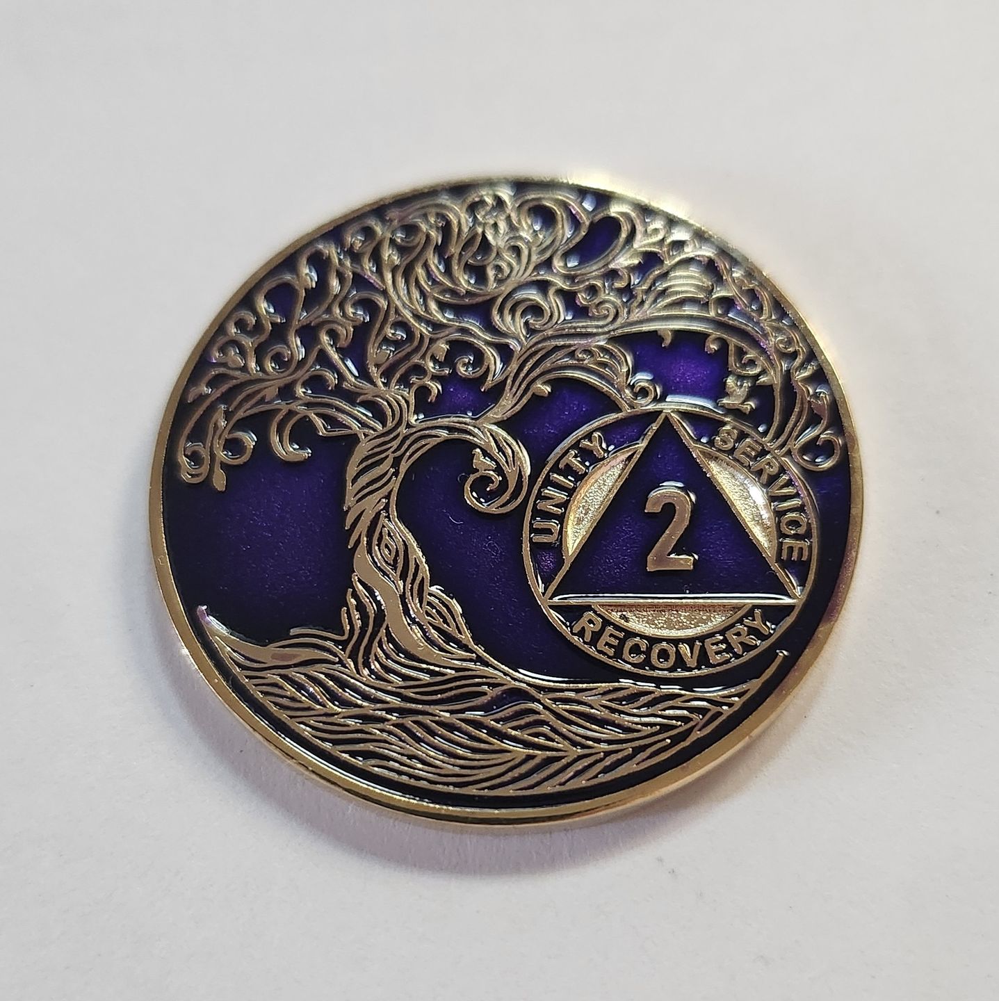 Customer photo review of 1 to 50 Year Sobriety Mint Twisted Tree of Life Gold Plated AA Recovery Medallion/Chip/Coin - Purple