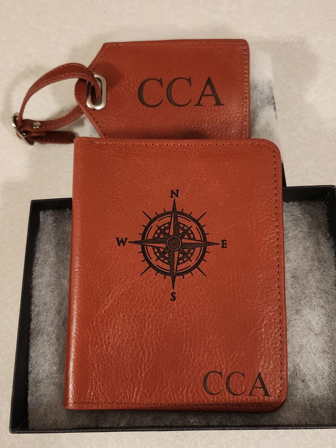 Customer photo review of Personalized Leather Passport Holder and Luggage Tag Set