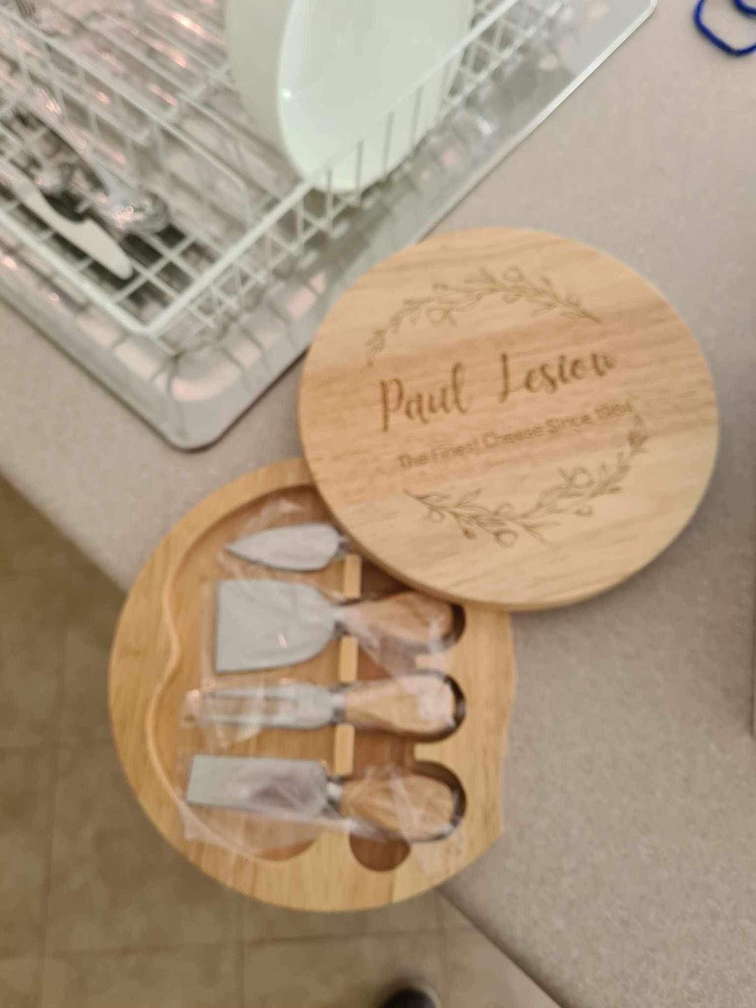 Customer photo review of Personalised Round Wooden Cheese Set