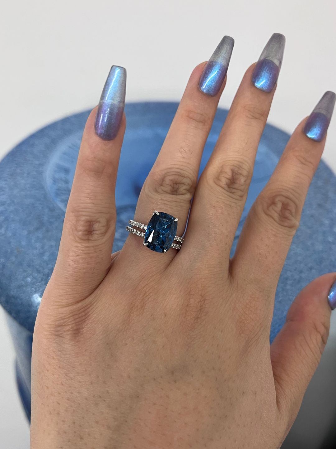 Customer photo review of S925 5 Ct Stunning Cushion Cut Montana Blue Sapphire Wedding Set In Sterling Silver