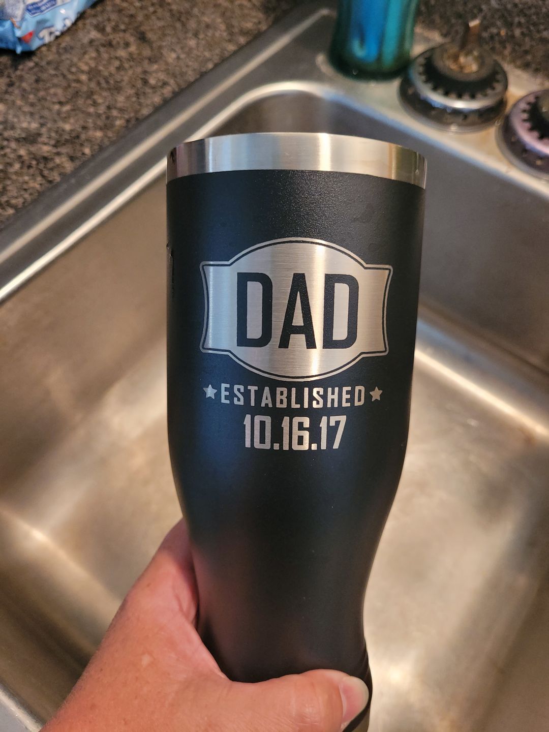 Customer photo review of Dad Established Personalized Pilsner Style  Tumbler